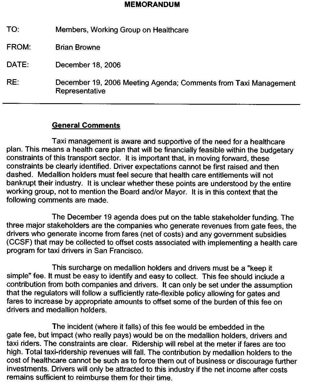 Page 1 of SFTA document on Health Care, December 2006
