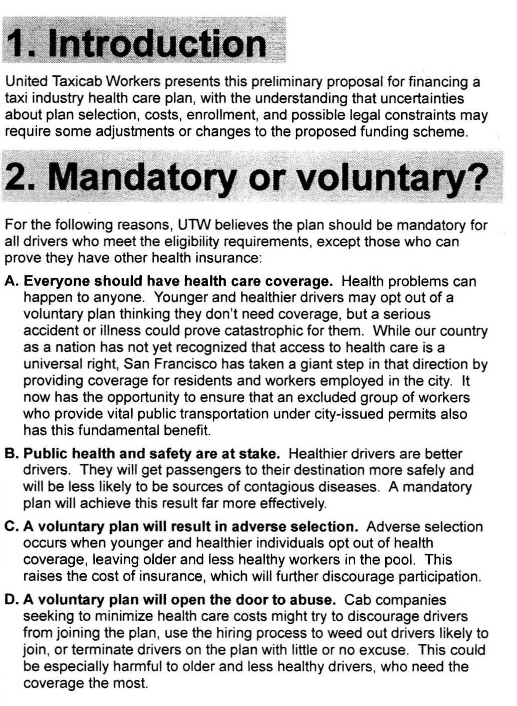 Page 1 of UTW document on Health Care, December 2006